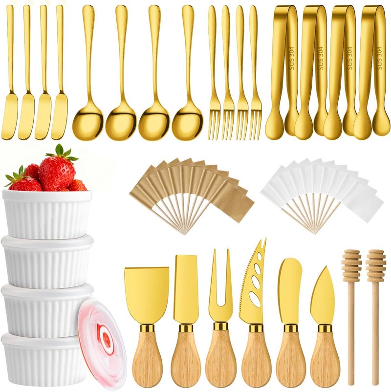 ELIMTEC Gold Charcuterie Boards Accessories Bowls Utensils, Cheese Knife Set Mini Butter Spreader, Serving Tongs, Forks, Spoons, Dipping Bowls with Lids, Toothpick Flag, Honey Dippers for Party Platter Making - Image 1